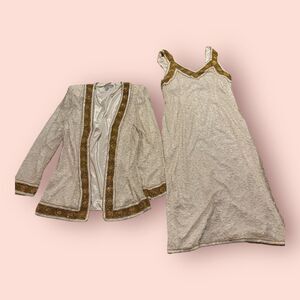 Jagswear Jacket & Dress Womens S/M White Pure Silk Gold Beaded Lined Wide Strap